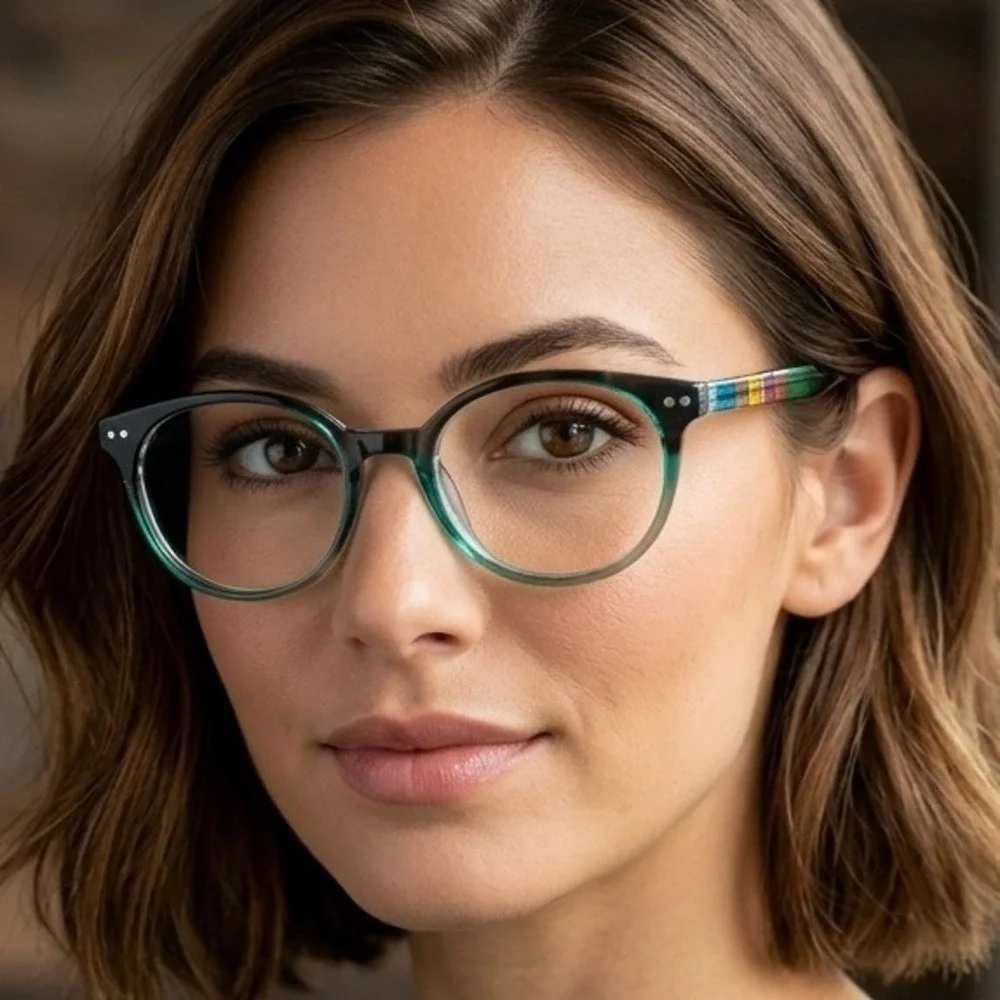 Modern Teagan Teal Crystal Eyeglass Frames 49-18-140 Multi Color Striped Temples